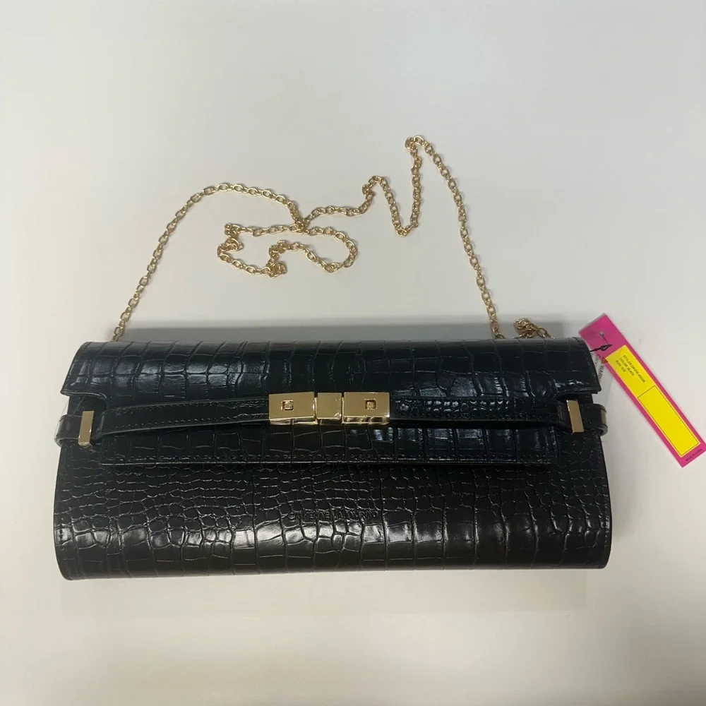 Catherine Malandrino Elegant Black Crocodile-Embossed Clutch Bag